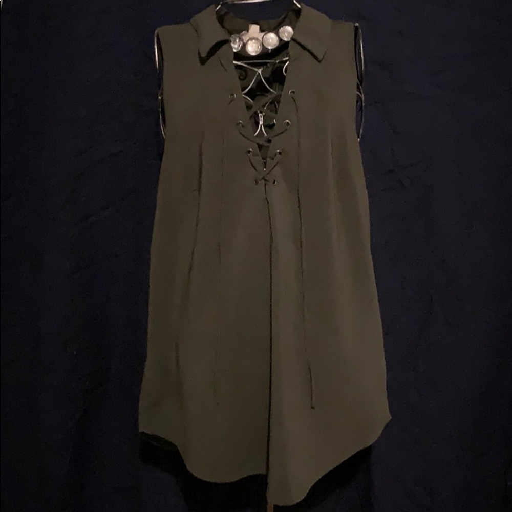 Olive front lace up sleeveless top